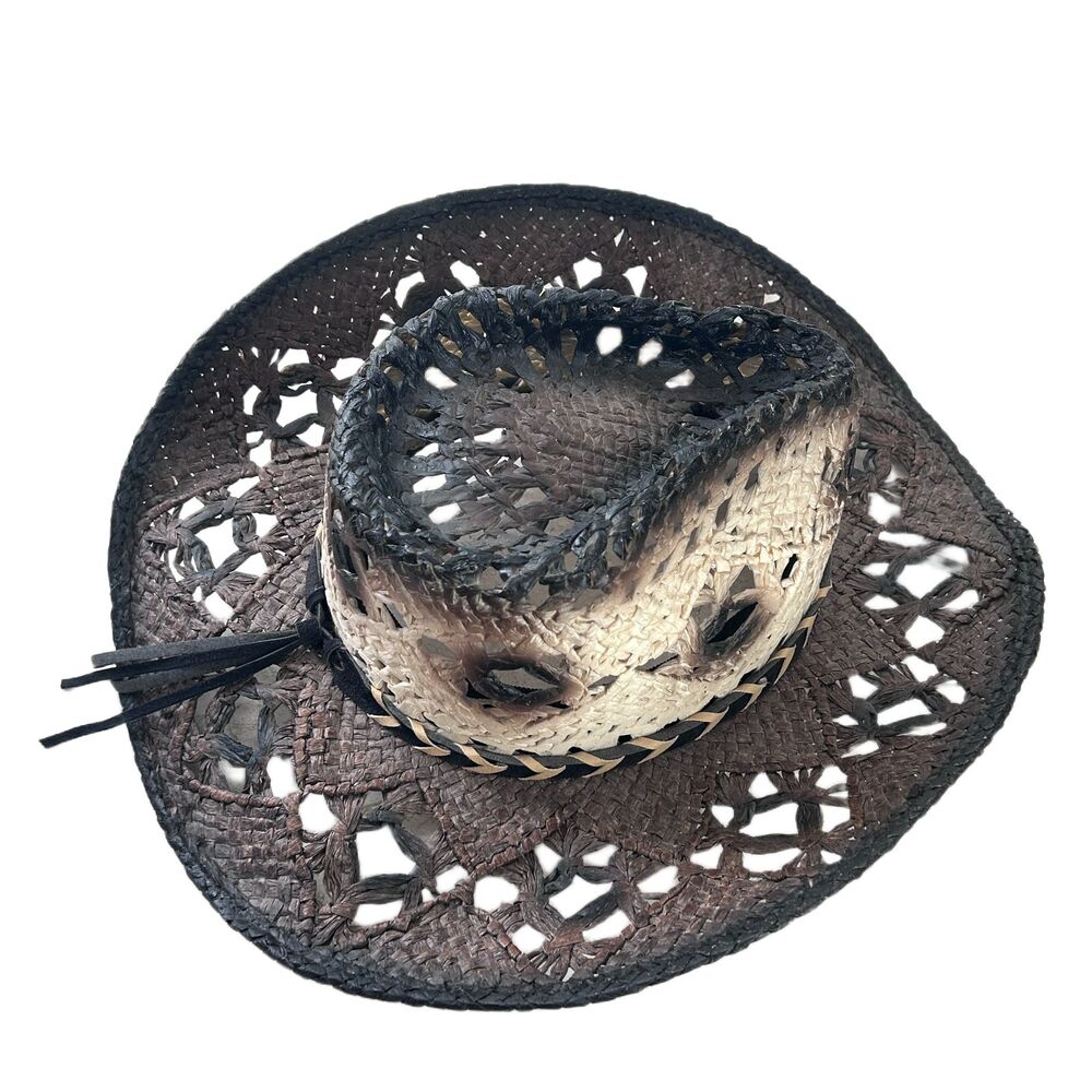 Woven Cowboy Cowgirl Hat S/M Brown White Leather Band Concho Unisex - Picture 5 of 10